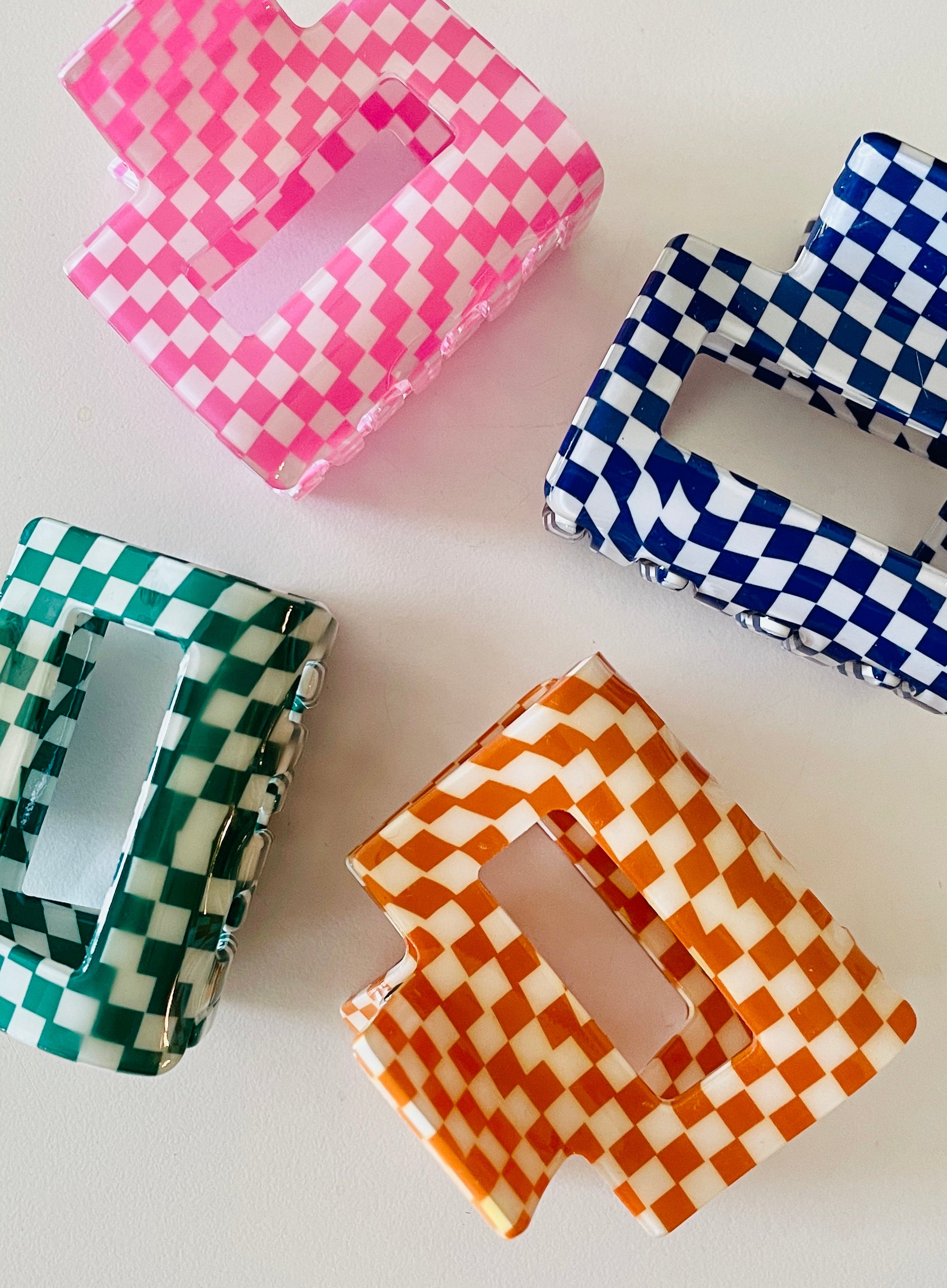 Amanda Bright Designs Four micro checkered hair clips in pink, blue, green, and orange