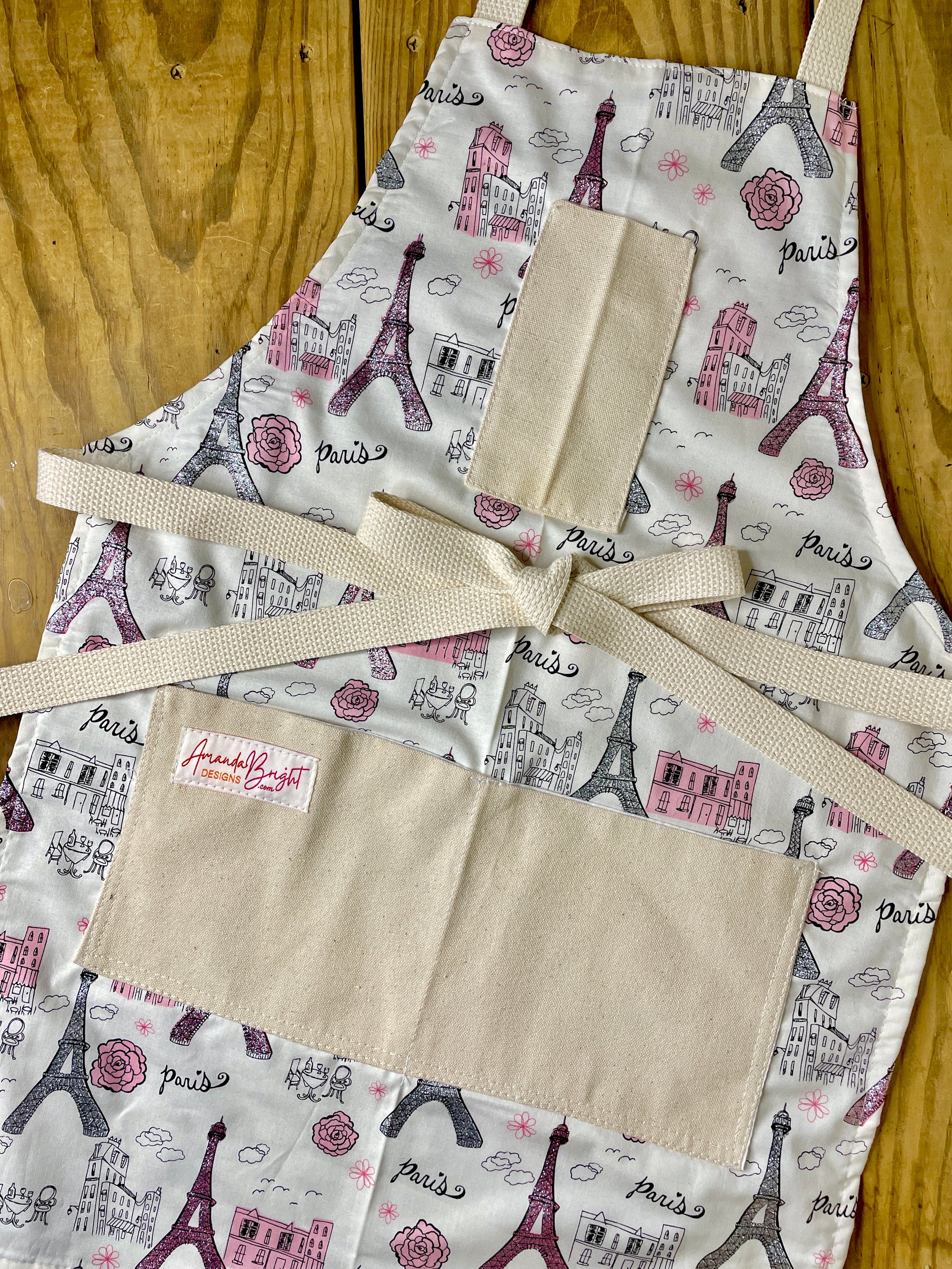 Amanda Bright Designs Paris Eiffel Tower Pink and Silver Glitter Apron