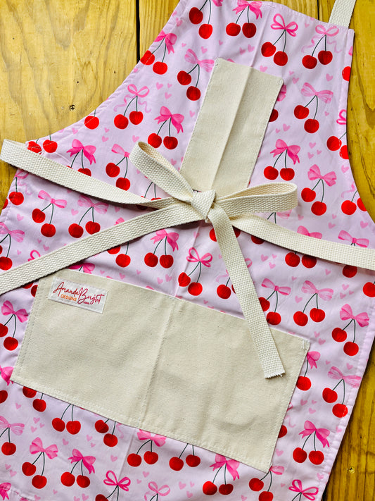 Amanda Bright Designs Pink Bows and Cherries Apron with pink hearts