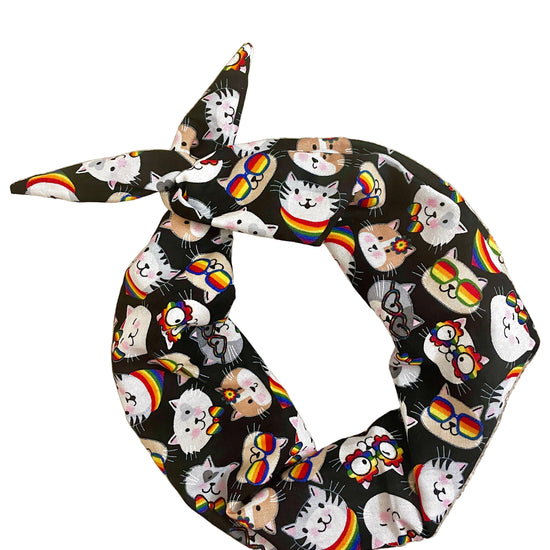 Amanda Bright Designs original tie headband psychedelic cat rainbow fabric headband for cat lovers