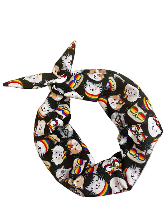 Amanda Bright Designs original tie headband psychedelic cat rainbow fabric headband for cat lovers