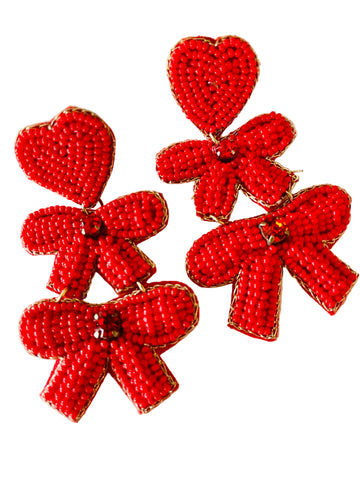 Amanda Bright Designs Red Hearts and Bows Beaded Dangle Earrings