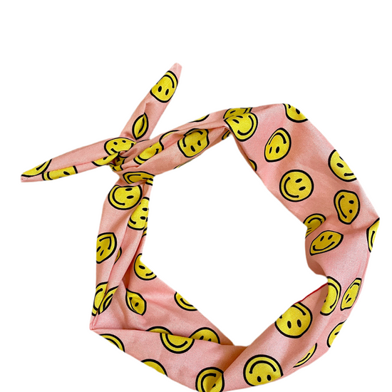 Amanda Bright Designs original tie headband iconic yellow smiley face pattern headband for women