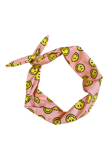 Amanda Bright Designs original tie headband iconic yellow smiley face pattern headband for women