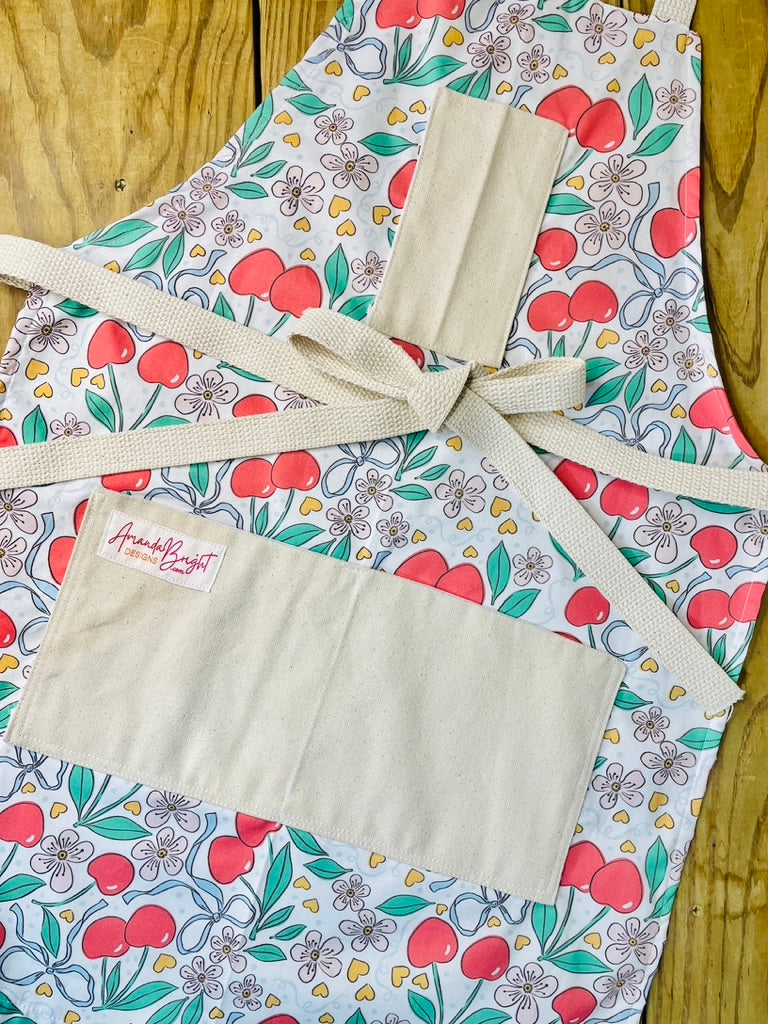 Amanda Bright Designs Summer Bows and Cherries Floral Hearts Apron Couture 100% USA made cotton