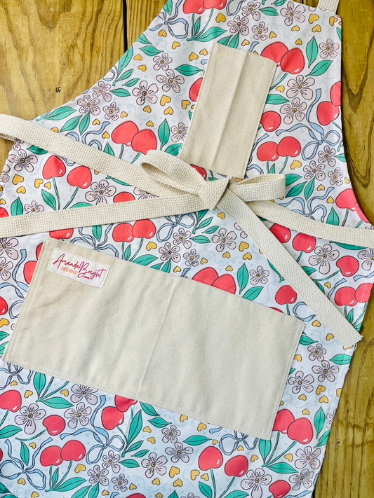 Amanda Bright Designs Summer Bows and Cherries Floral Hearts Apron Couture 100% USA made cotton
