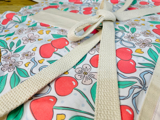 Amanda Bright Designs Summer Bows and Cherries Hearts Floral Apron Couture 100% USA made cotton