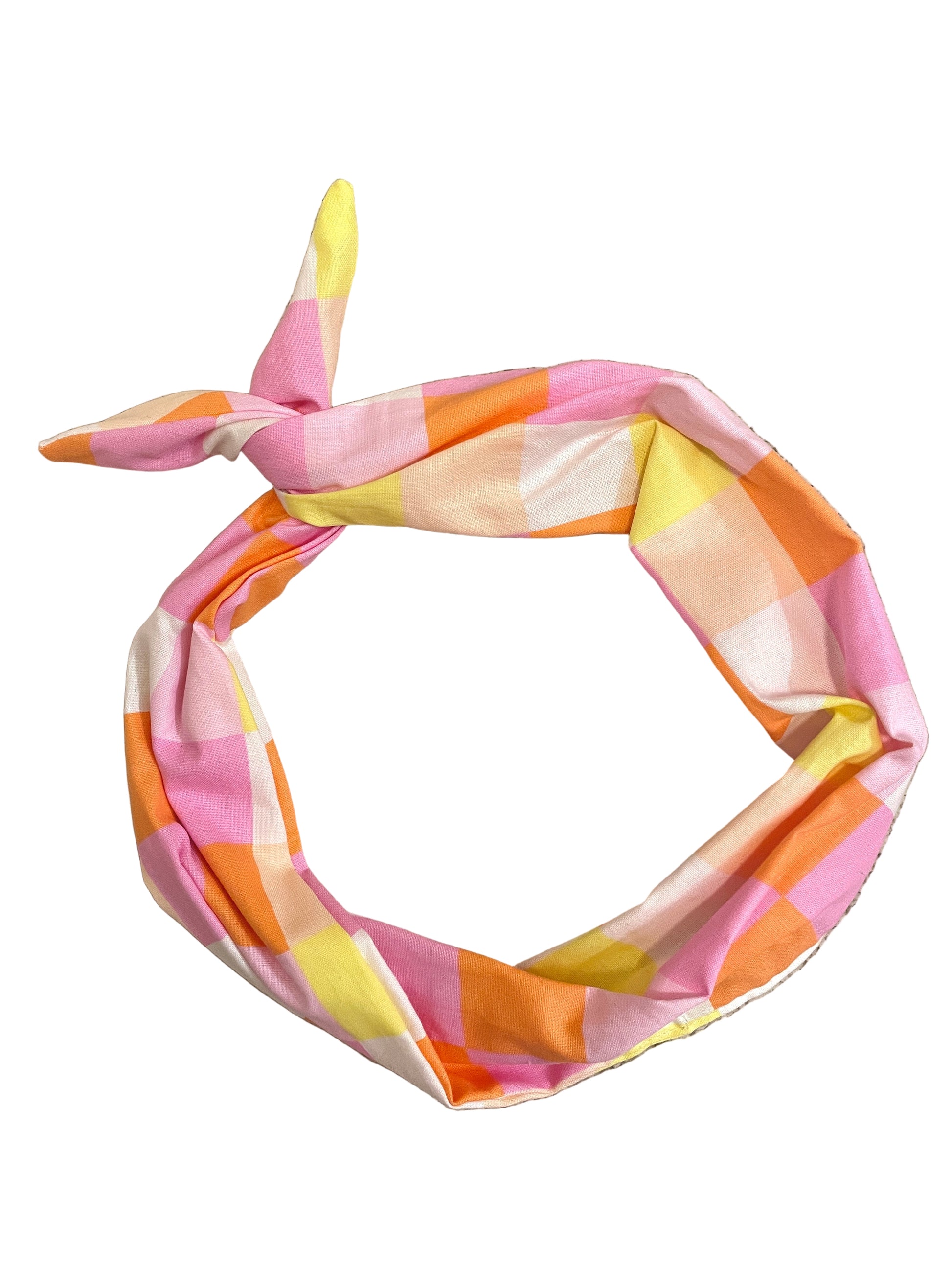 Amanda Bright Designs summer windowpane headband original tie headband neon pink yellow orange fabric for women