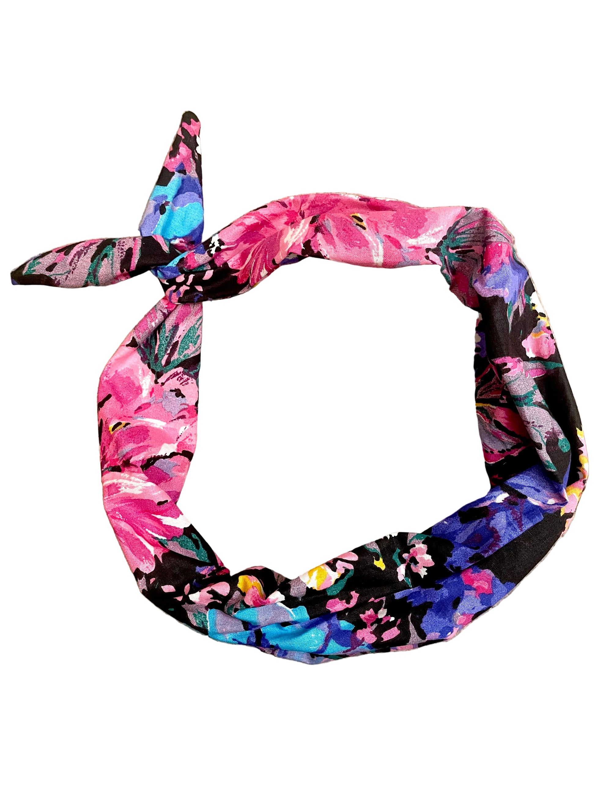 Amanda Bright Designs Original Tie Headband with oversized flowers in hues of pink purple teal and yellow on black fabric midnight floral