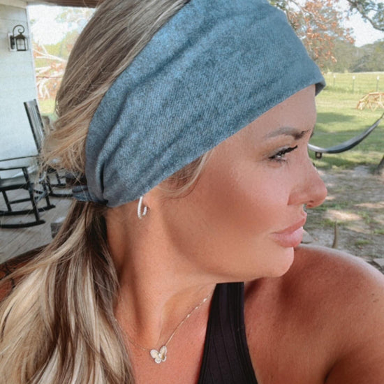 Amanda Bright Designs The Original Tie Headband Medium Wash Denim  headband for women cotton denim made in the usa