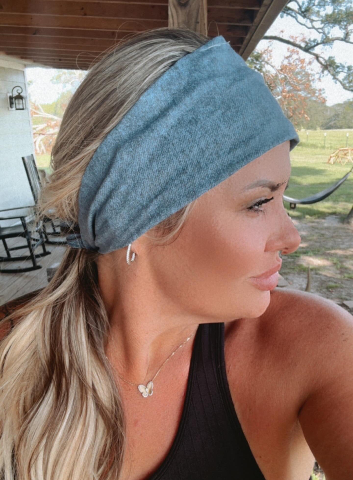 Amanda Bright Designs The Original Tie Headband Medium Wash Denim  headband for women cotton denim made in the usa