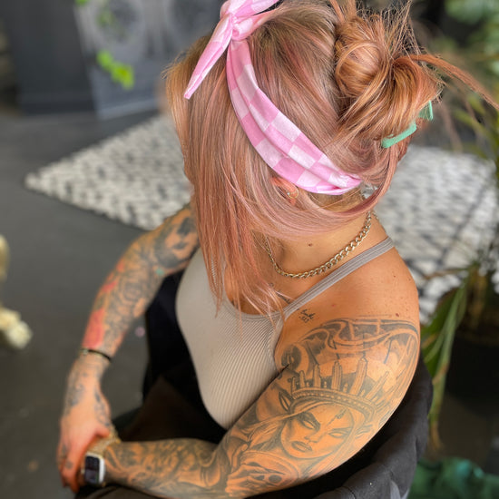 Amanda Bright Designs The Original Tie Headband Pink Check back view on model