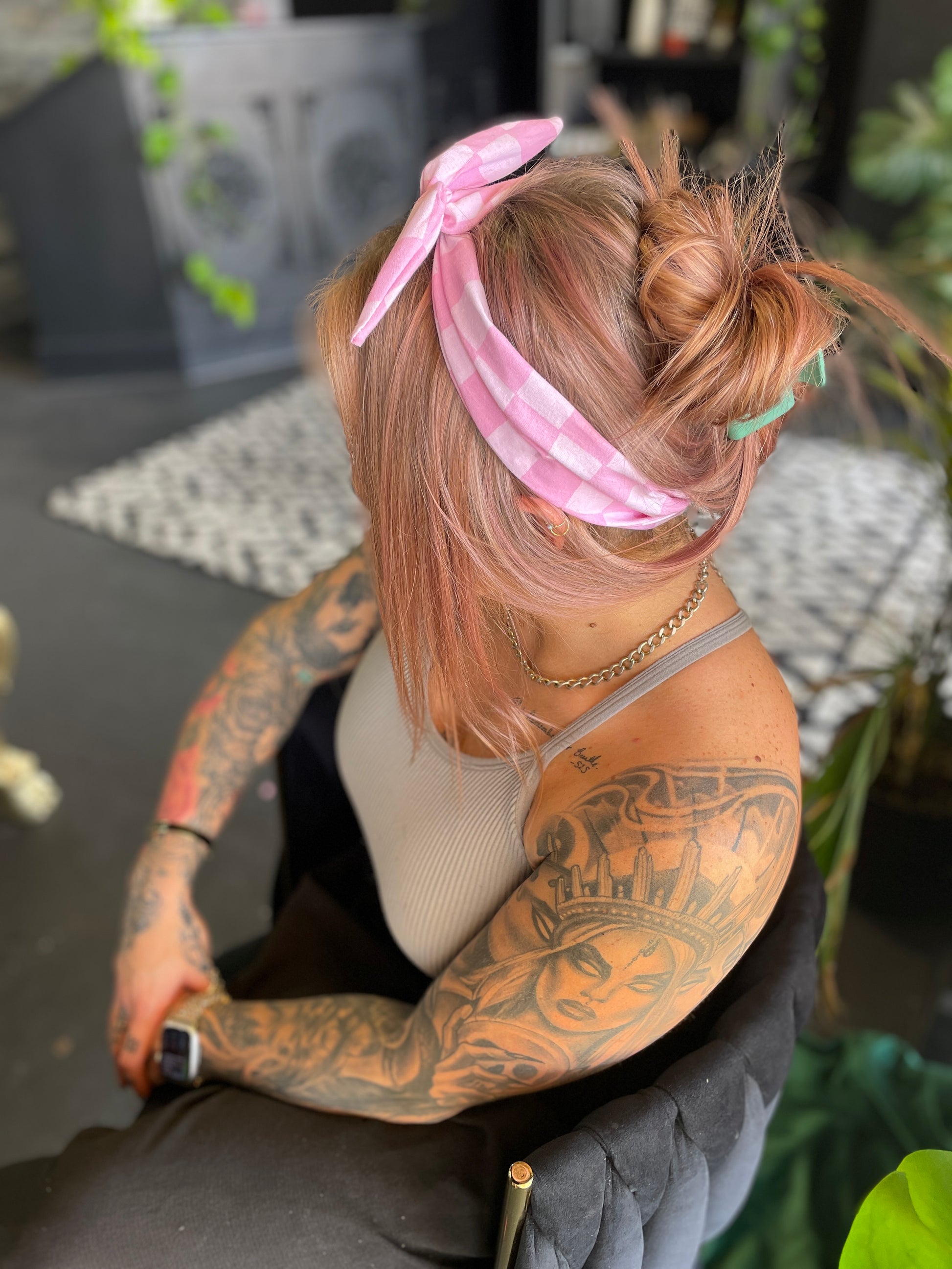 Amanda Bright Designs The Original Tie Headband Pink Check back view on model