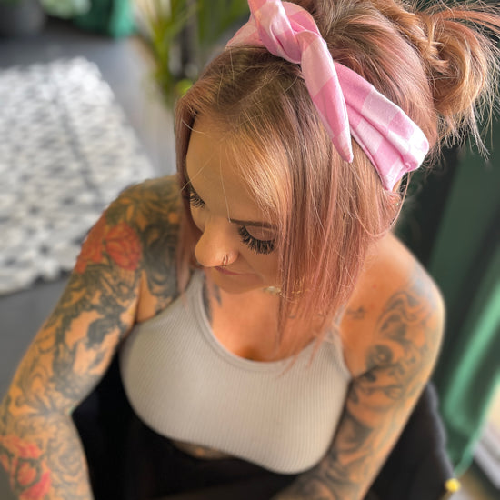 Amanda Bright Designs The Original Tie Headband Pink Check front view on model