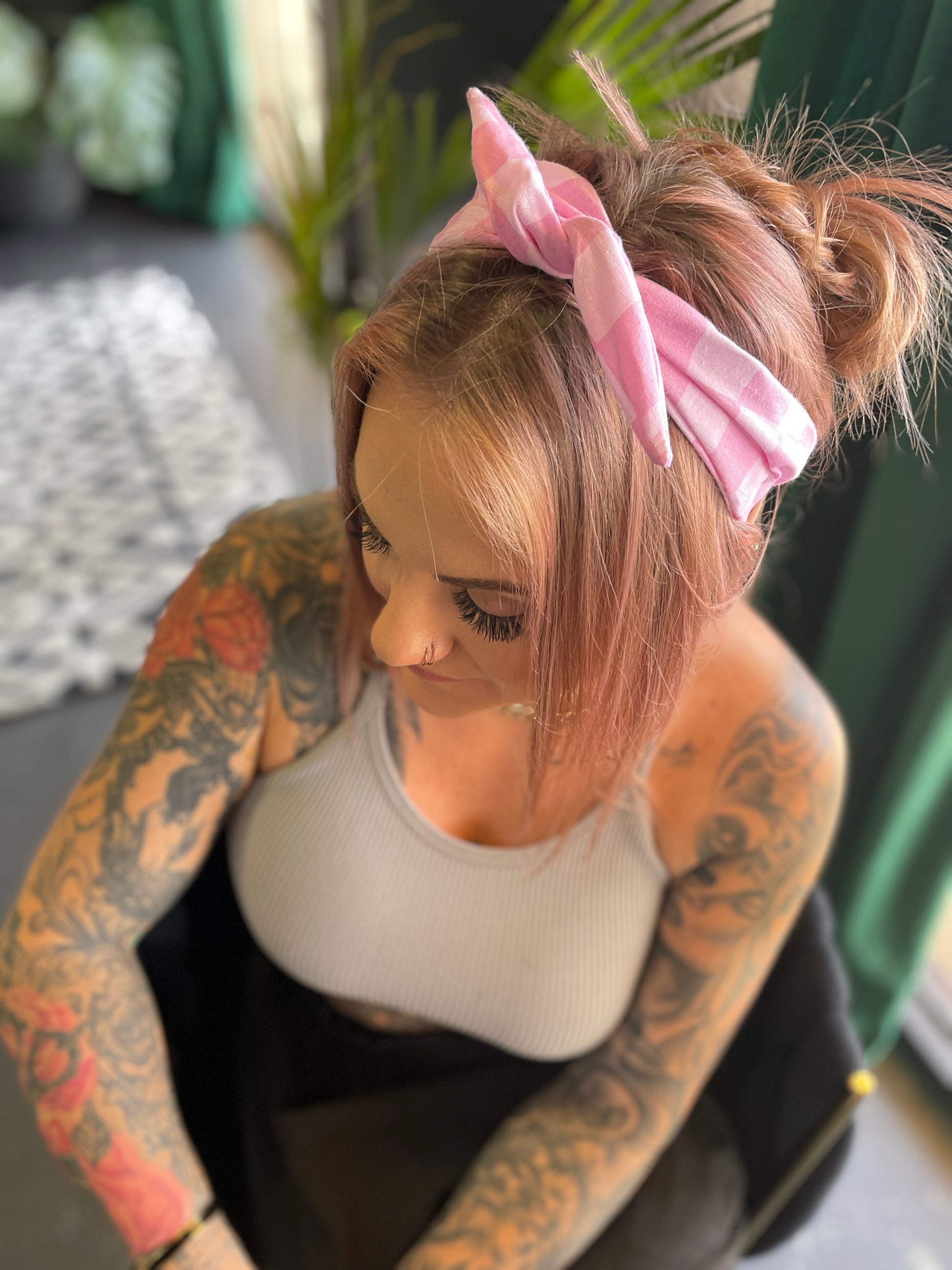 Amanda Bright Designs The Original Tie Headband Pink Check front view on model