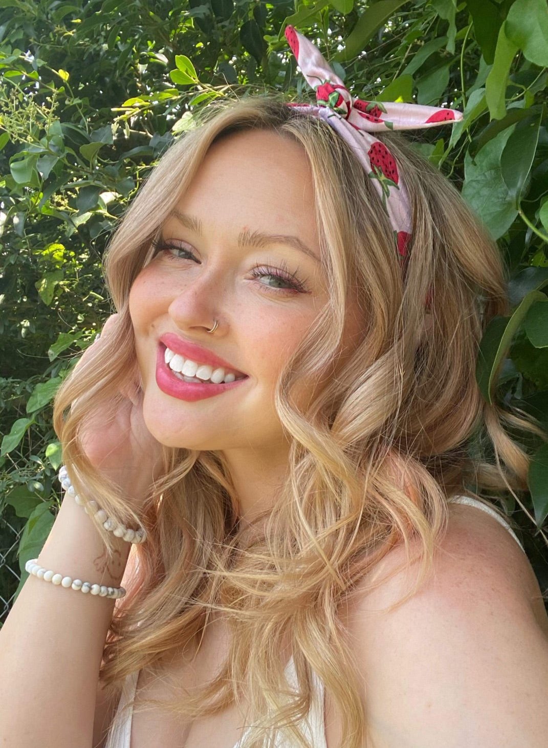 Amanda Bright Designs The Original Tie Headband Strawberry Sundae headband to wear berry picking rollerskating eating ice cream summer fun