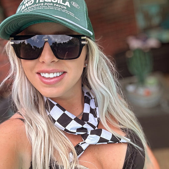 Amanda Bright Designs The Original Tie Headband Black and White Checkered Flag at racetrack