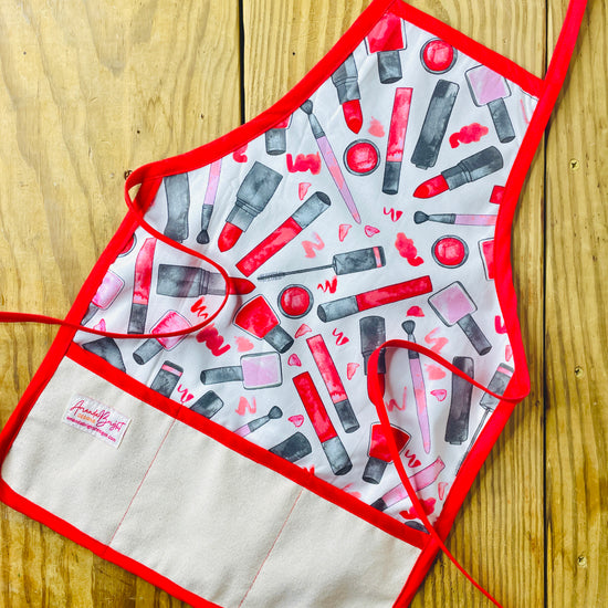 Amanda Bright Designs children's cotton apron mama's makeup lipstick nail polish play time baking fashion plate mascara tutorial 