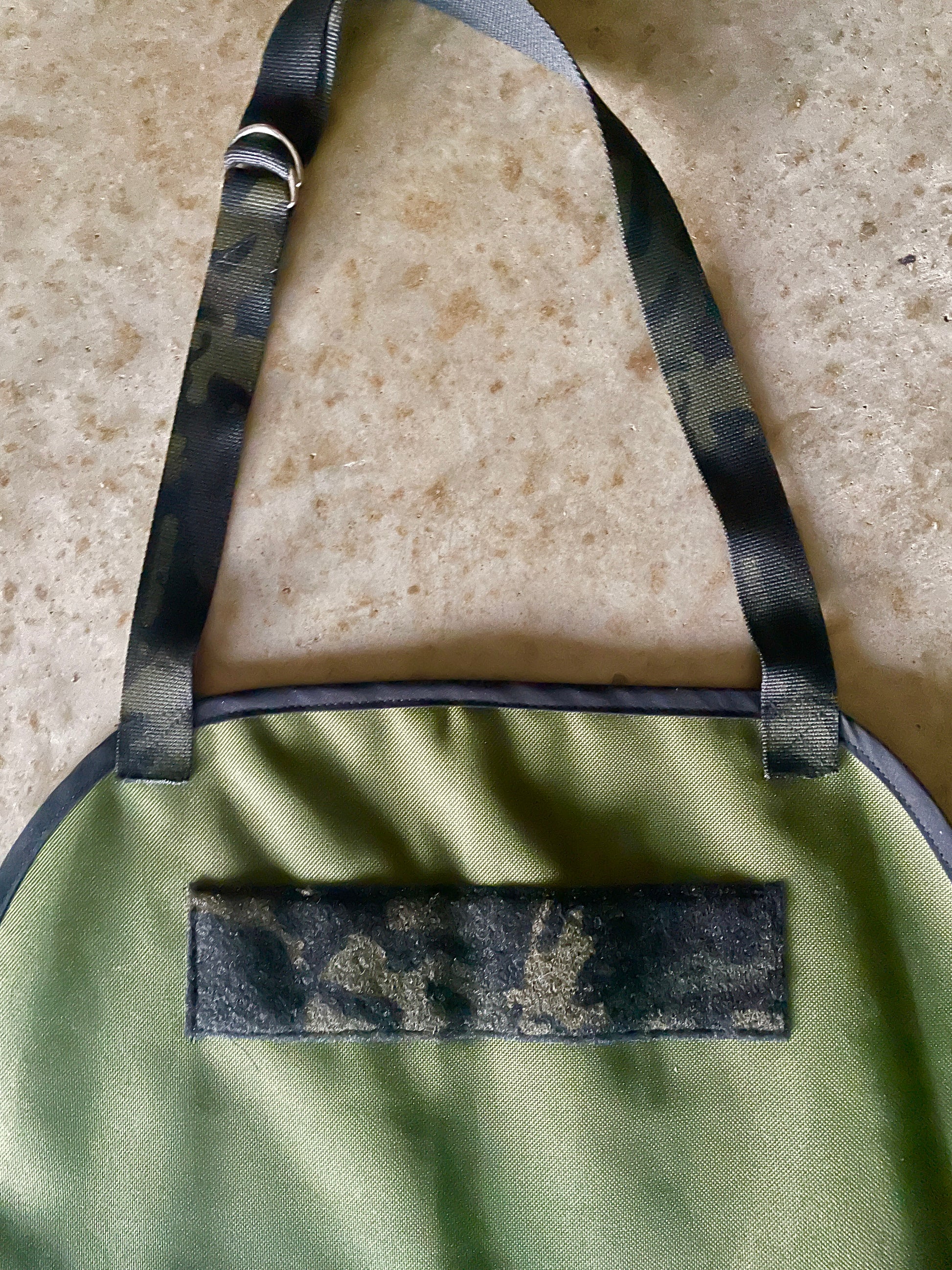 Amanda Bright Designs Eckert Apron olive green waterproof canvas Multicam black trim and strings