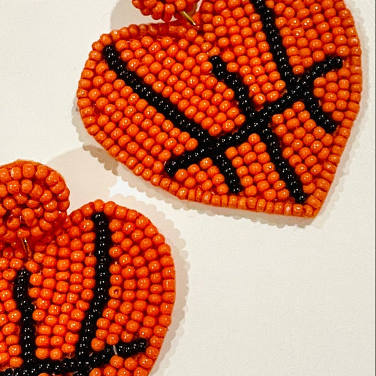 Amanda Bright Designs Heart-shaped beaded earrings with basketball design for sports player
