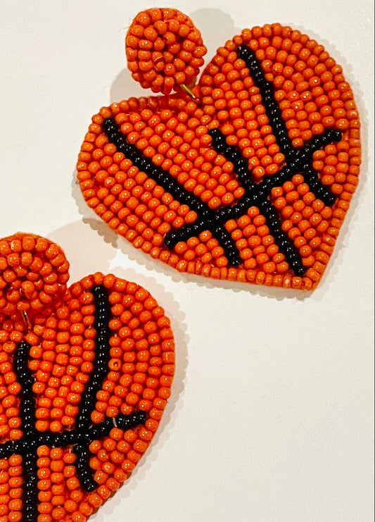 Amanda Bright Designs Heart-shaped beaded earrings with basketball design for sports player