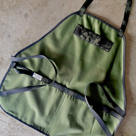 Amanda Bright Designs Eckert Apron olive green waterproof canvas Multicam black trim and strings