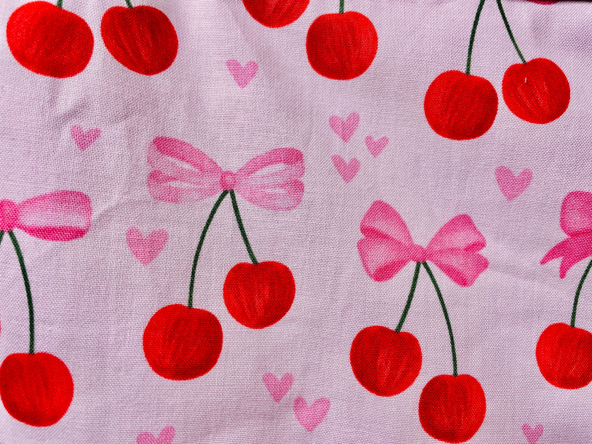 Amanda Bright Designs Pink Bows and Cherries Apron with pink hearts