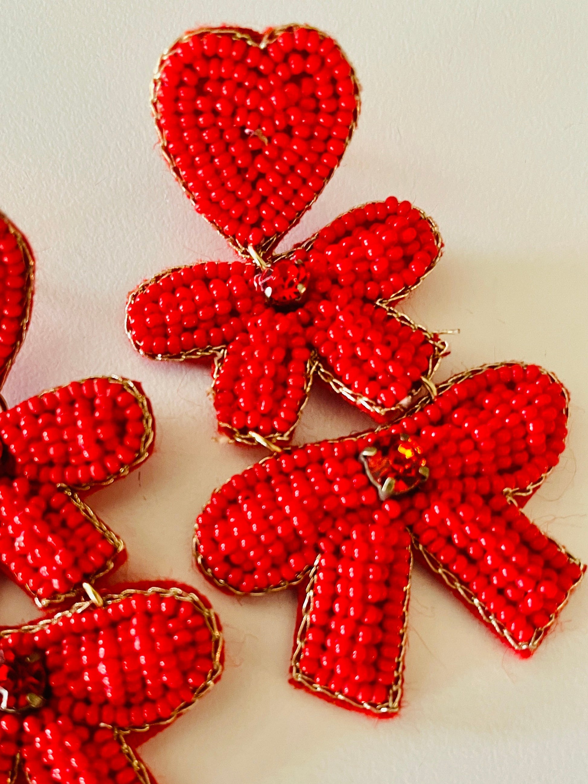Amanda Bright Designs Red Hearts and Bows Beaded Dangle Earrings