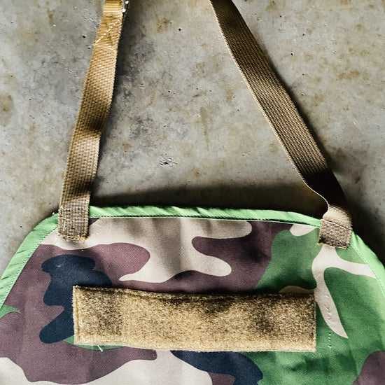 Amanda Bright designs the Rambo camouflage mens apron with coyote brown strings for bbq grilling