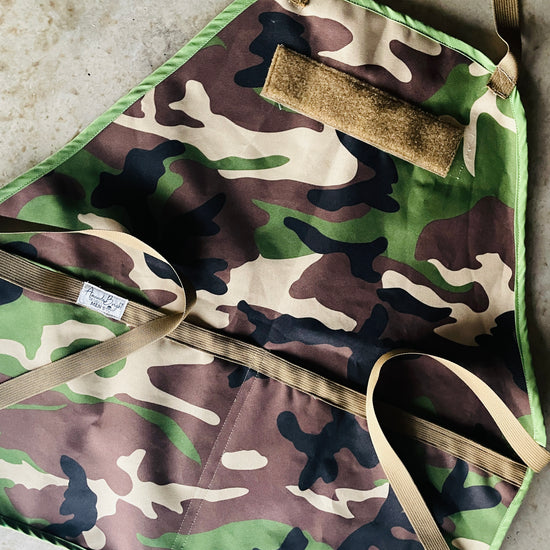 Amanda Bright designs Rambo camouflage waterproof canvas aprons with coyote brown strings