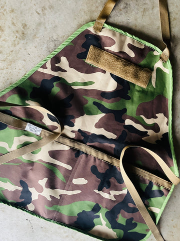 Amanda Bright designs Rambo camouflage waterproof canvas aprons with coyote brown strings