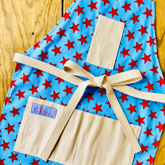 Two Medium Sized Ladies Betsy Ross kitchen apron fireworks stars and stripes American flag pattern fourth of July god bless america