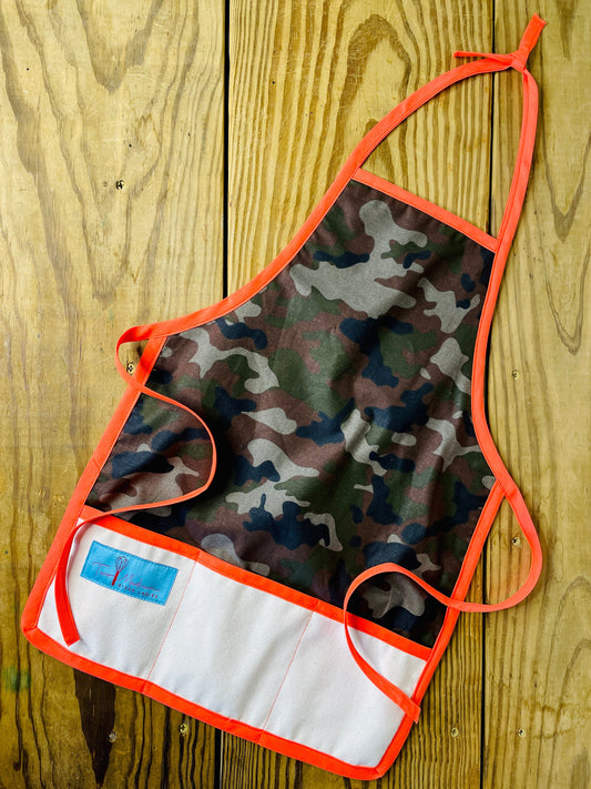 Two Medium Sized Ladies childrens camouflage apron with safety orange strings