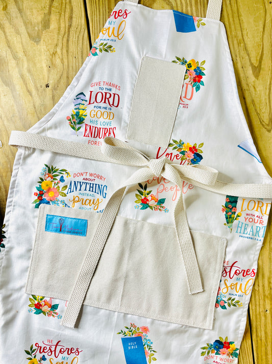 Amanda Bright Designs Faith in God Apron Prayer Thankful Thanks Scripture Restoration Soul Bible Cotton Kitchen Cooking Baking Crafting Crafter Apron