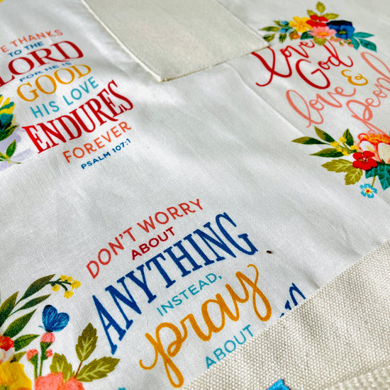 Amanda Bright Designs Faith in God Apron Prayer Thankful Thanks Scripture Restoration Soul Bible Cotton Kitchen Cooking Baking Crafting Crafter Apron Closeup View