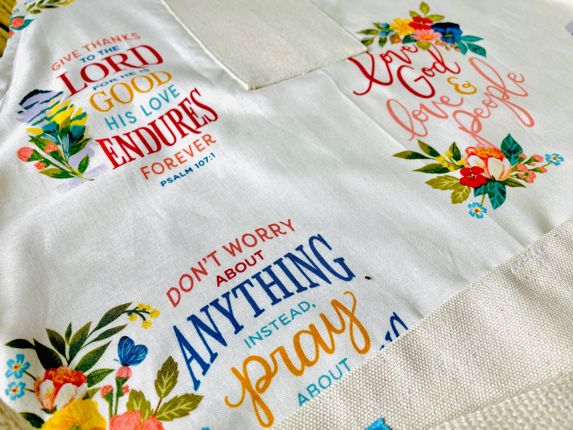 Amanda Bright Designs Faith in God Apron Prayer Thankful Thanks Scripture Restoration Soul Bible Cotton Kitchen Cooking Baking Crafting Crafter Apron Closeup View
