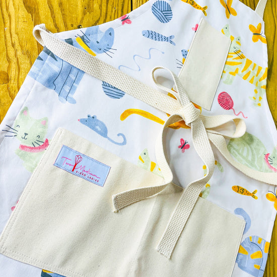 Two Medium Sized Ladies cat and mouse periwinkle kittens playing kitchen apron Hannah