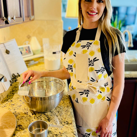 Two Medium Sized Ladies Rebecca vintage mod apron yellow flowers lack foliage midcentury retro designer vibe baking cooking gardening crafts apron