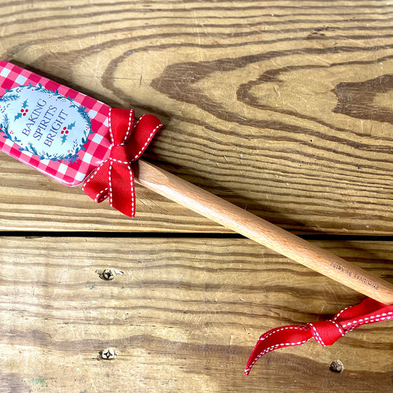 Two Medium Sized Ladies Baking Spirits Bright two sided silicone red gingham spatula with gift bow and decorative loop hanger
