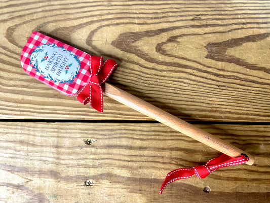Two Medium Sized Ladies Baking Spirits Bright two sided silicone red gingham spatula with gift bow and decorative loop hanger