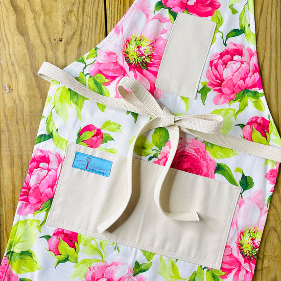 Two Medium Sized Ladies Priscilla Apron pink oversized peonies garden apron baking cooking retro designer garden flowers