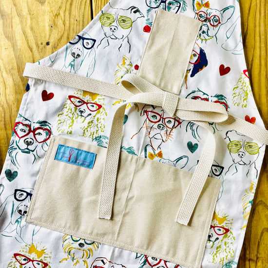 Two Medium Sized Ladies Iris Apron Dogs wearing glasses fashion fun colorful apron