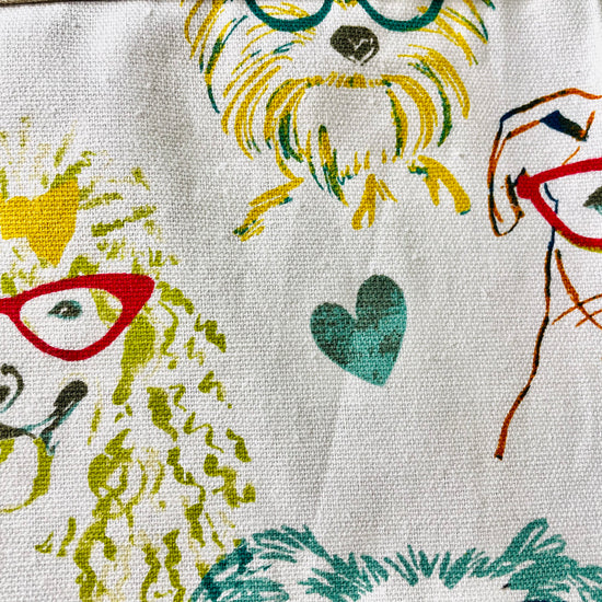 Two Medium Sized Ladies Iris Apron Dogs wearing glasses fashion fun colorful apron fabric pattern poodle schnauzer boxer