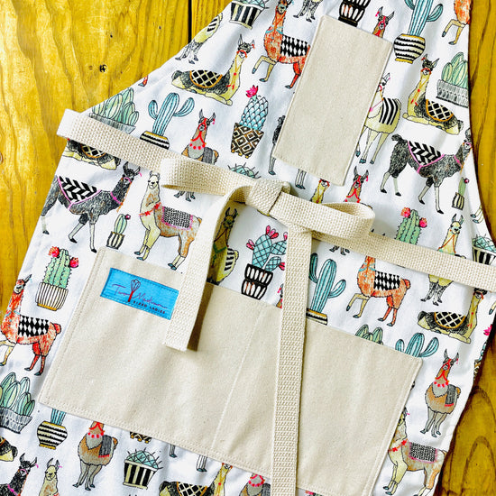 Two Medium Sized Ladies colorful llama south american animal modern farmstead kitchen apron Isabella