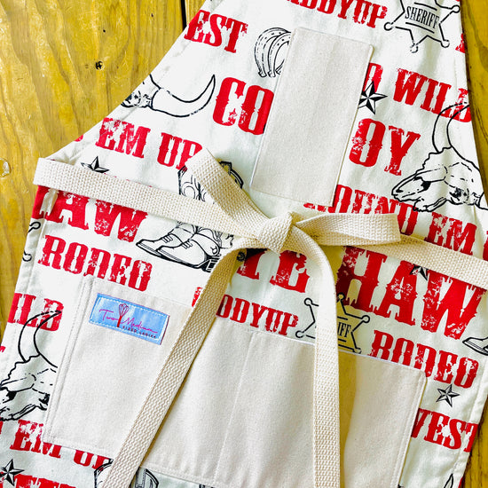 Two Medium Sized Ladies Jane Southwest Apron Wild West Cowboy Horse Cattle Roping Spurs Horseshoes Cowboy Boots Jane Long Mother of Texas