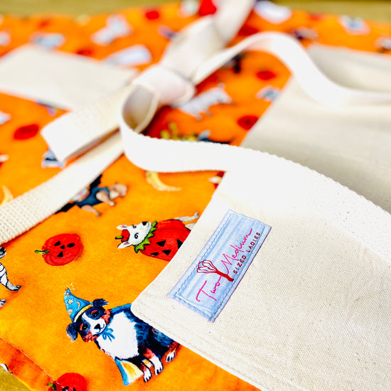 Two Medium Sized Ladies Olivia Howl-O-Ween vintage cute dog costume apron pumpkins ghosts vampires mummies wizards