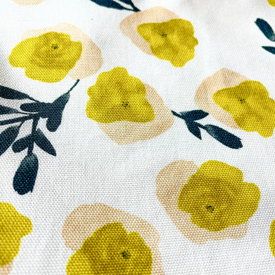 Two Medium Sized Ladies Rebecca vintage mod apron yellow flowers lack foliage midcentury retro designer vibe baking cooking gardening crafts apron fabric pattern